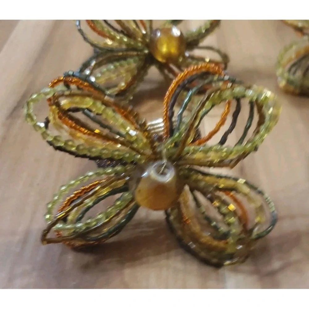 Pier One Beaded Napkin Rings Floral‎ Gold Rust Green Yellow Set Of 4